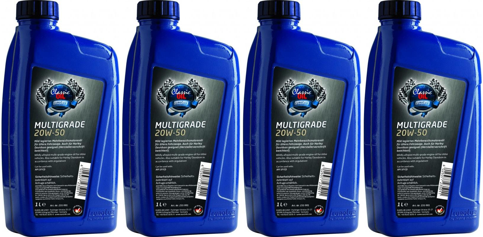 EUROLUB Multigrade SAE 20W-50 Classic Motoröl 4x 1l = 4 Liter