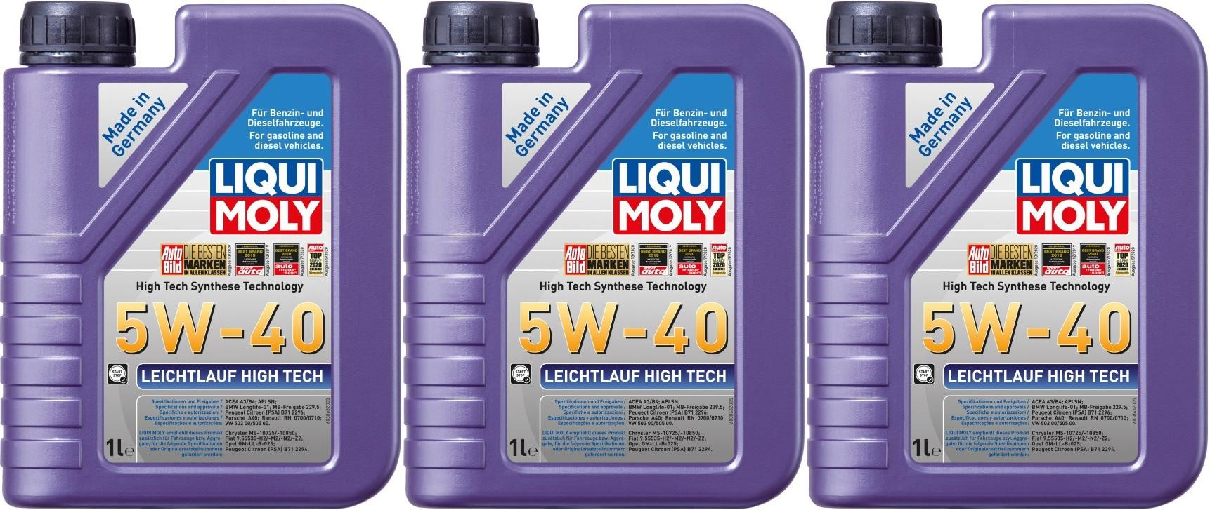 Liqui Moly 3863 Leichtlauf High Tech 5W-40 Motoröl 3x 1l = 3 Liter