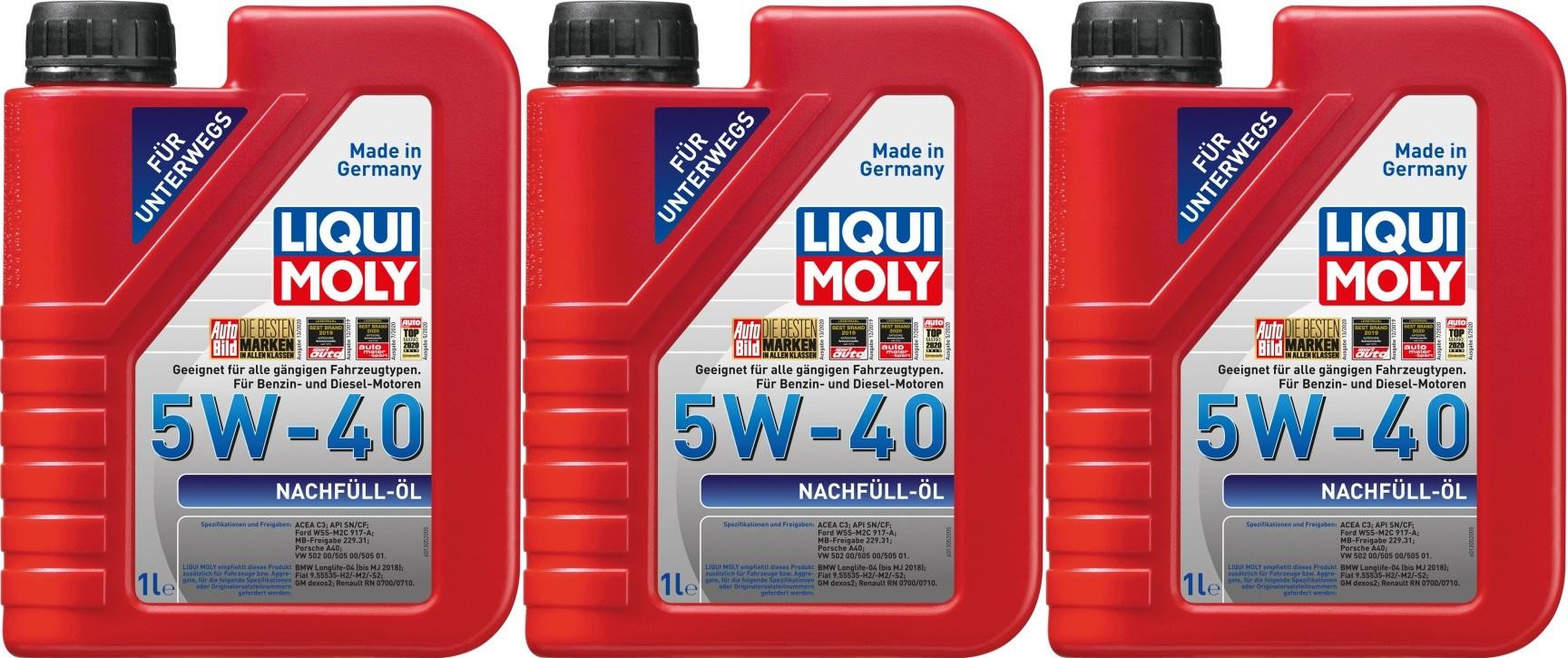 Liqui Moly 1305 Nachfüll Öl 5W-40 Motoröl 3x 1l = 3 Liter