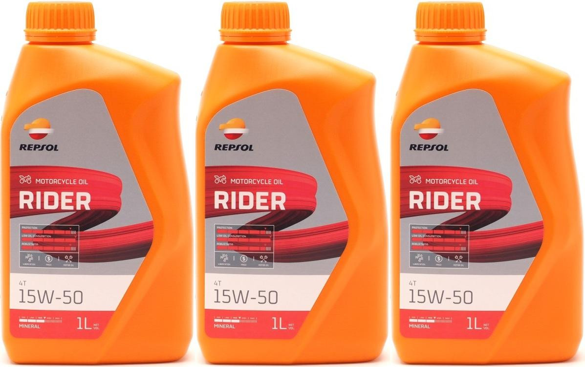 Repsol Motorrad Motoröl RIDER 4T 15W-50 1 Liter 3x 1l = 3 Liter