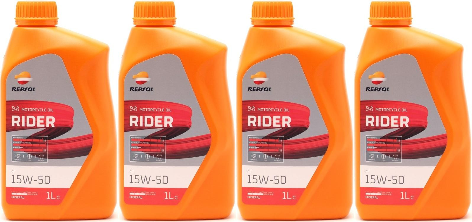 Repsol Motorrad Motoröl RIDER 4T 15W-50 1 Liter 4x 1l = 4 Liter