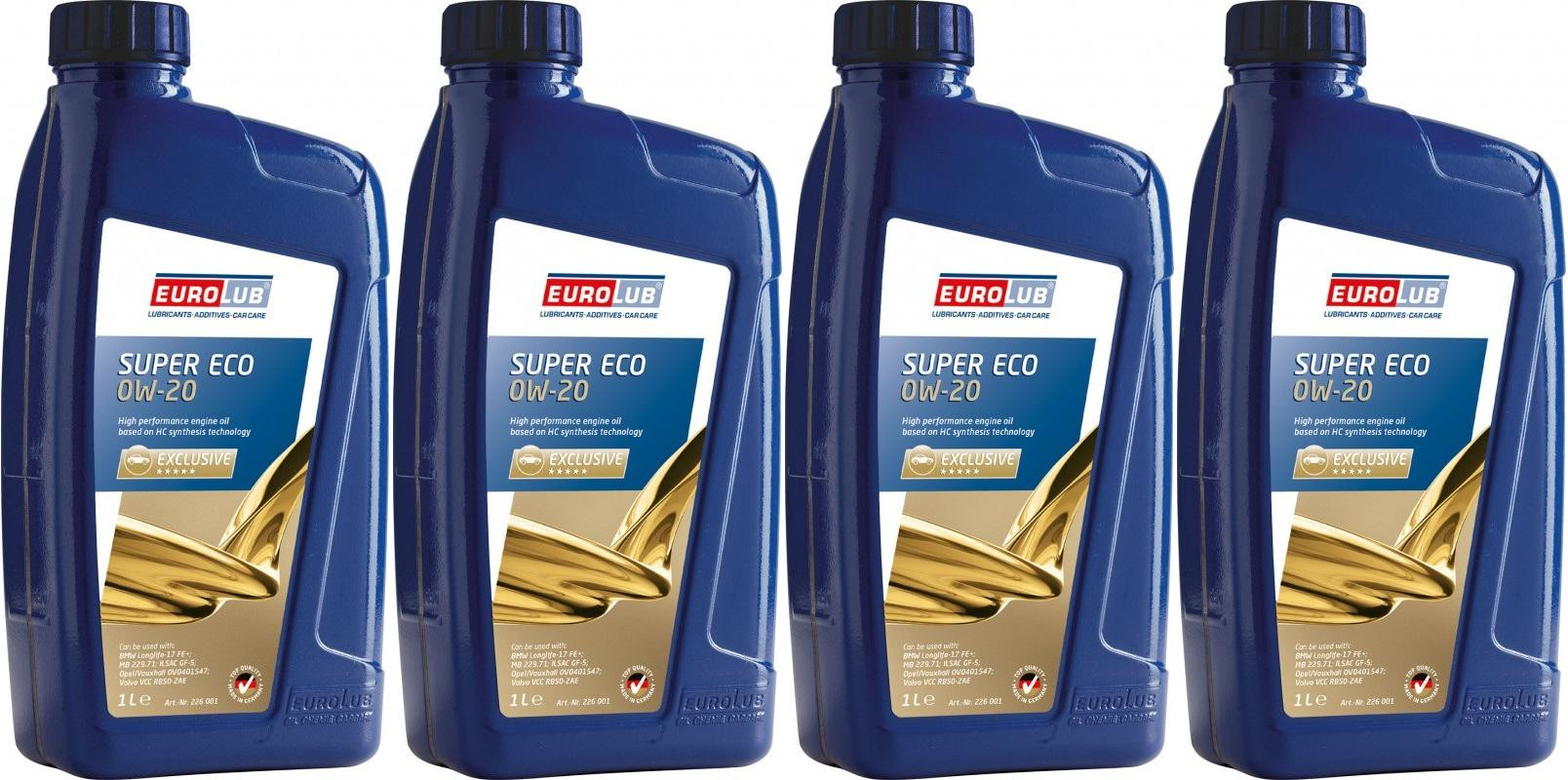 EUROLUB Motoröl SUPER ECO SAE 0W-20 1 Liter Flasche 4x 1l = 4 Liter