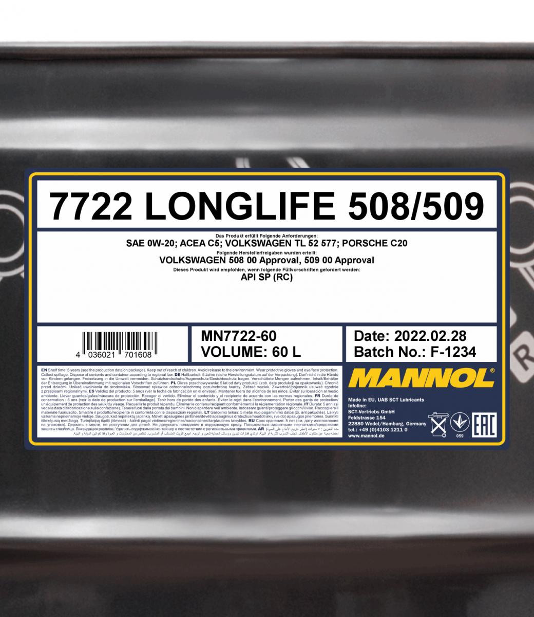 Mannol 7722 Longlife 508/509 0W-20 Motoröl 60l Fass