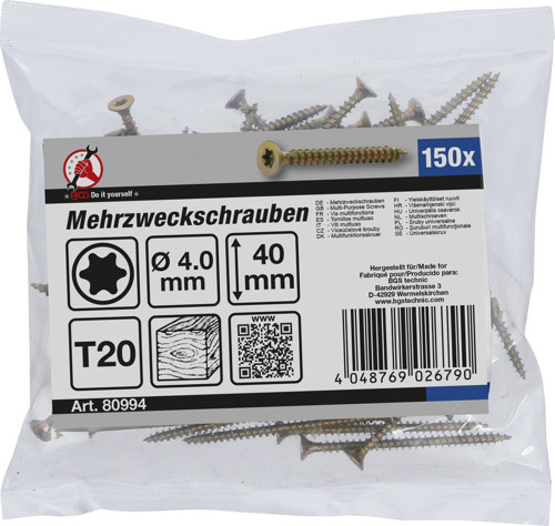 BGS Mehrzweckschrauben | T-Profil (für Torx) T20 | 4,0 x 40 mm | 150 Stück