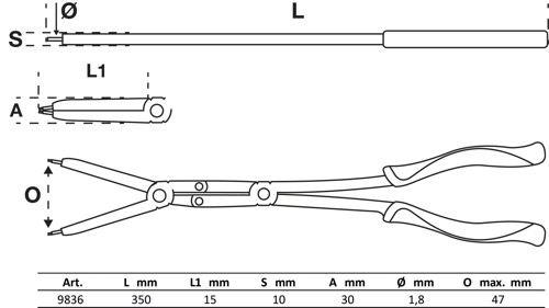 BGS Werkstattwageneinlage 1/3: Doppelgelenk-Sprengringzangen-Satz | auswechselbare Spitzen | 345 mm