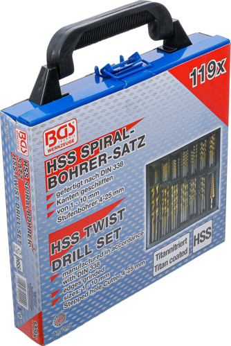 BGS Spiral- und Stufenbohrer-Satz | HSS | Titan nitriert | 1 - 10 mm | 119-tlg.