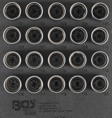 BGS Werkstattwageneinlage 1/6: Felgenschloss-Werkzeug-Satz für Opel (Typ A) | 20-tlg.