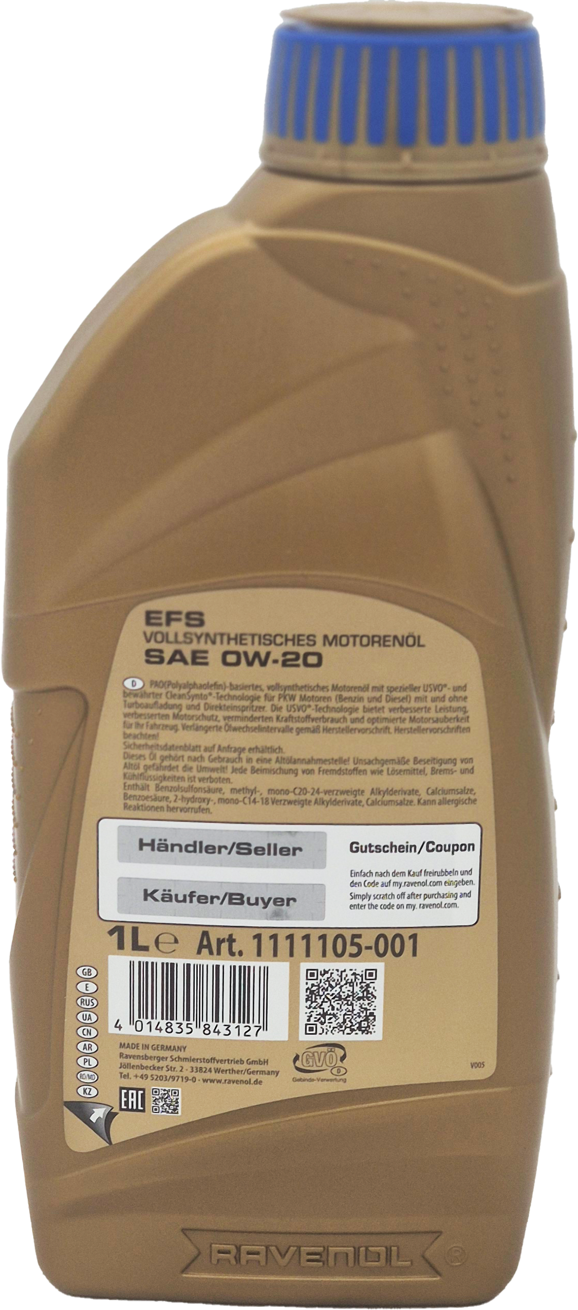 Ravenol EFS EcoFullSynth. SAE 0W-20 Motoröl 1 Liter Flasche