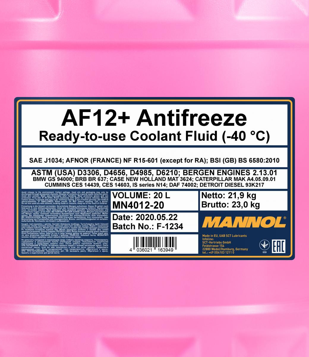 Mannol 4012 AF12+ Kühlerfrostschutz Fertigmischung -40° 20l Kanister