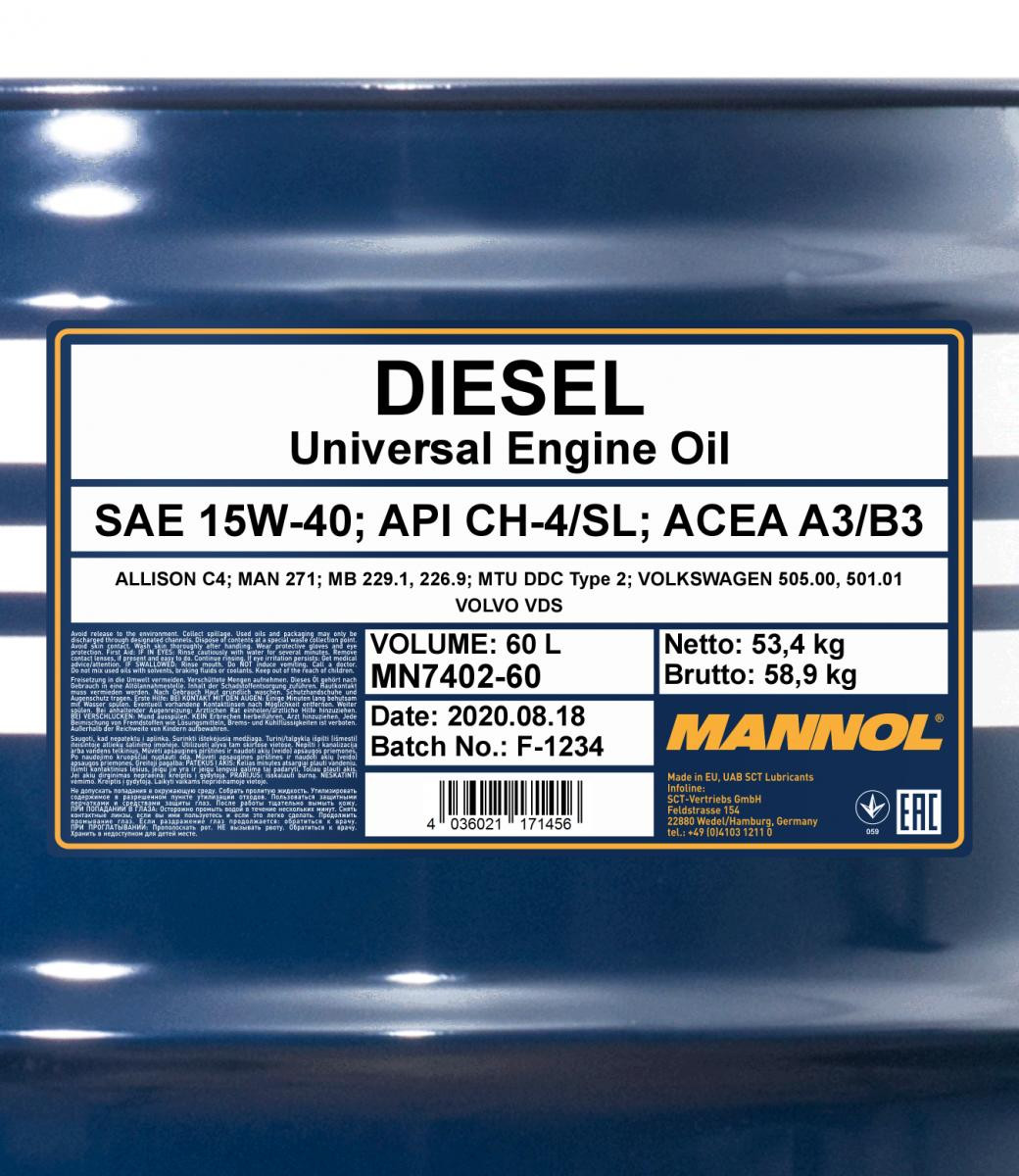 Mannol 7402 Diesel 15W-40 mineralisches Motoröl 60l Fass